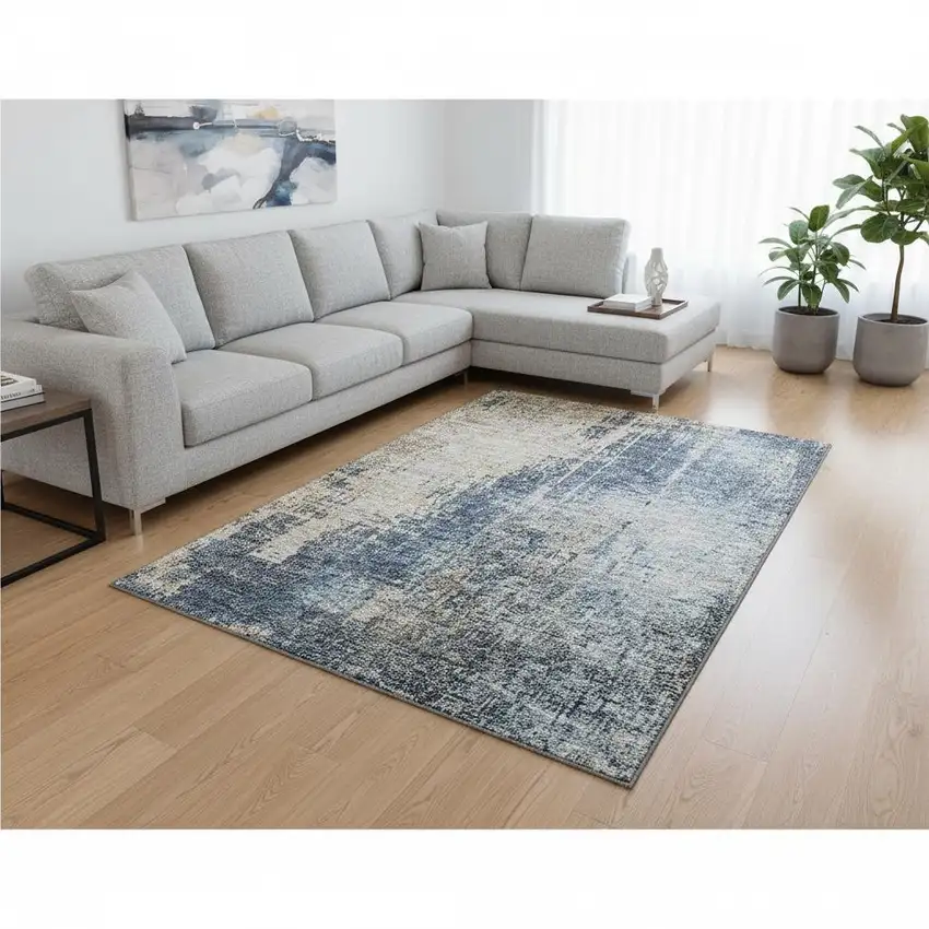 Navy Blue Beige And Taupe Abstract Washable Area Rug With UV Protection Photo 2
