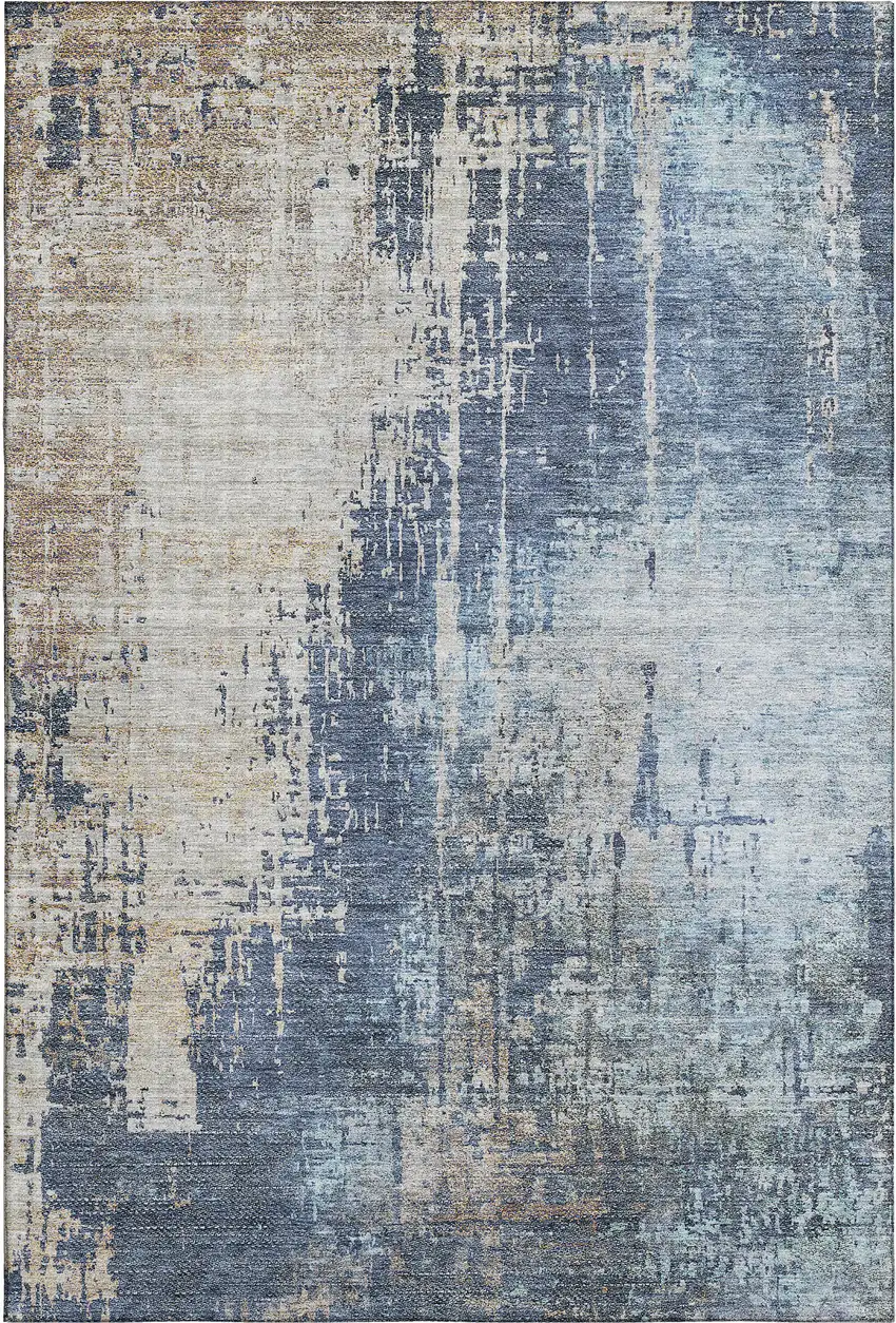 Navy Blue Beige And Taupe Abstract Washable Area Rug With UV Protection Photo 1