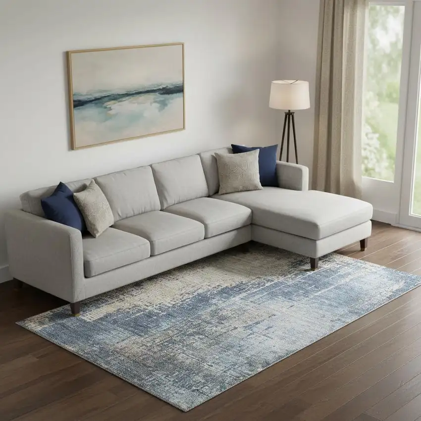 Navy Blue Beige And Taupe Abstract Washable Area Rug With UV Protection Photo 1