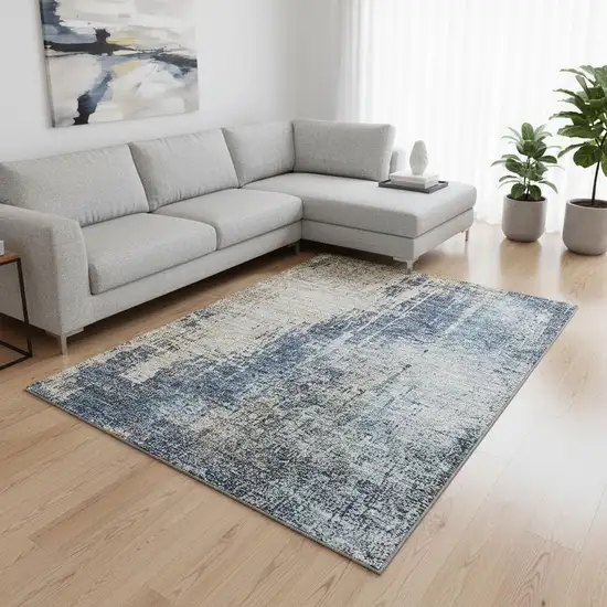 Navy Blue Beige And Taupe Abstract Washable Area Rug With UV Protection Photo 2