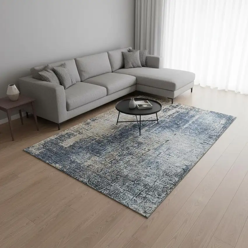 Navy Blue Beige And Taupe Abstract Washable Area Rug With UV Protection Photo 2