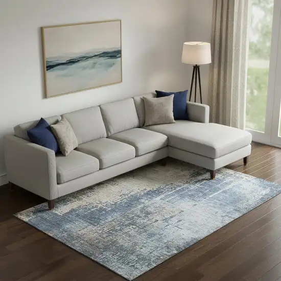 Navy Blue Beige And Taupe Abstract Washable Area Rug With UV Protection Photo 1