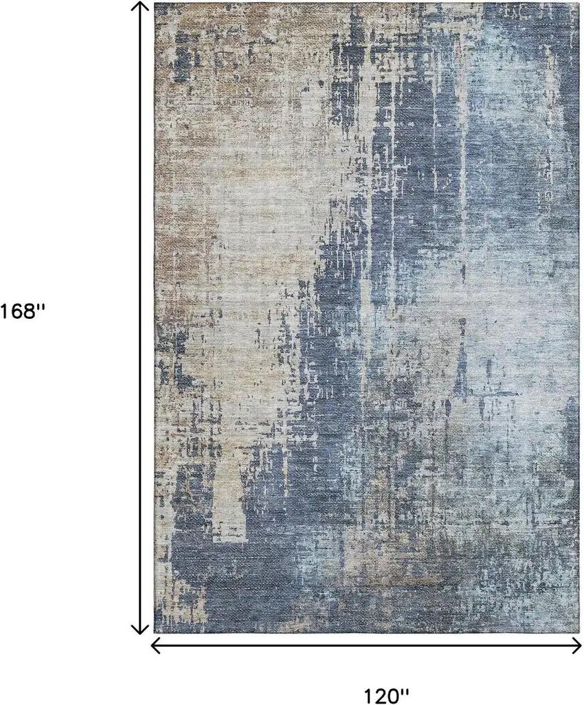 Navy Blue Beige And Taupe Abstract Washable Area Rug With UV Protection Photo 3