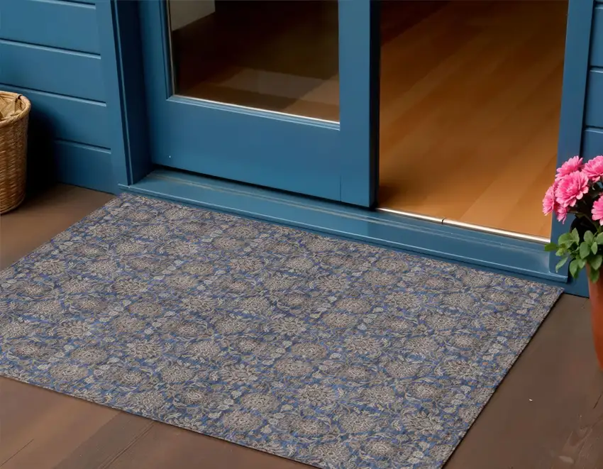 Navy Blue Beige And Taupe Floral Washable Indoor Outdoor Area Rug Photo 1