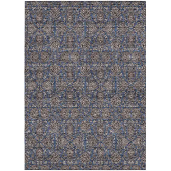 Navy Blue Beige And Taupe Floral Washable Indoor Outdoor Area Rug Photo 5