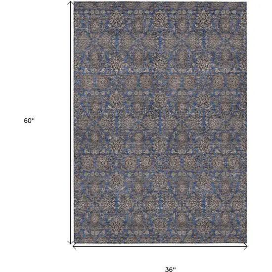 Navy Blue Beige And Taupe Floral Washable Indoor Outdoor Area Rug Photo 3