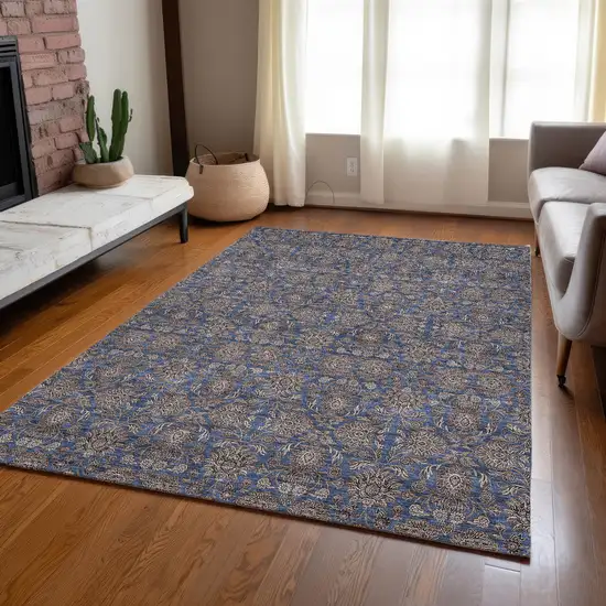 Navy Blue Beige And Taupe Floral Washable Indoor Outdoor Area Rug Photo 8