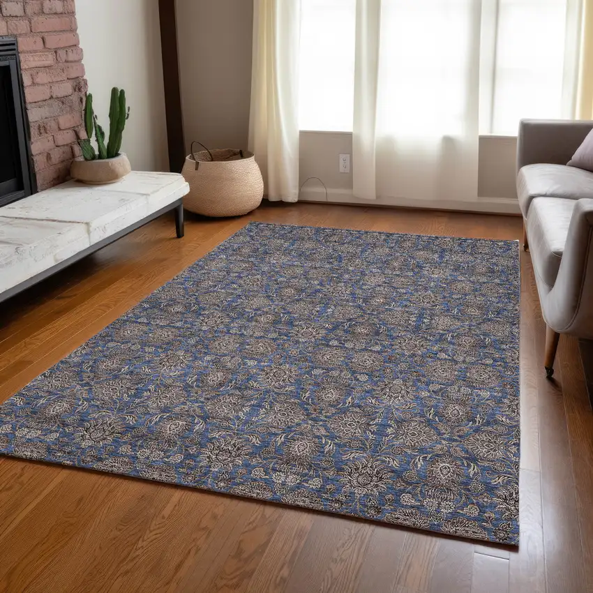 Navy Blue Beige And Taupe Floral Washable Indoor Outdoor Area Rug Photo 8