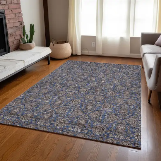 Navy Blue Beige And Taupe Floral Washable Indoor Outdoor Area Rug Photo 8