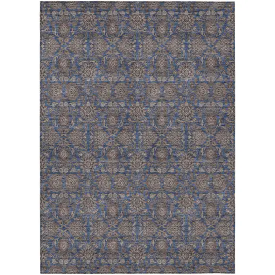 Navy Blue Beige And Taupe Floral Washable Indoor Outdoor Area Rug Photo 1