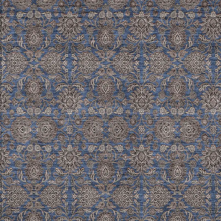 Navy Blue Beige And Taupe Floral Washable Indoor Outdoor Area Rug Photo 4
