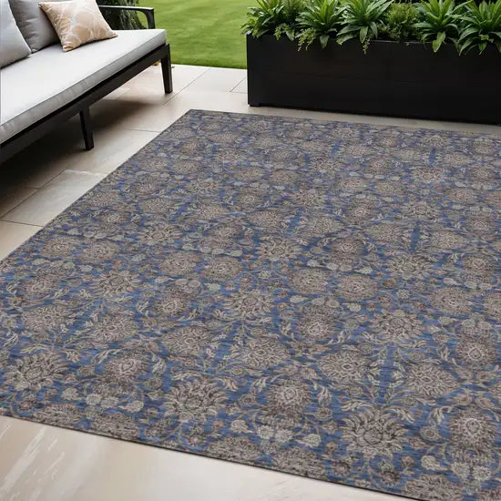 Navy Blue Beige And Taupe Floral Washable Indoor Outdoor Area Rug Photo 1