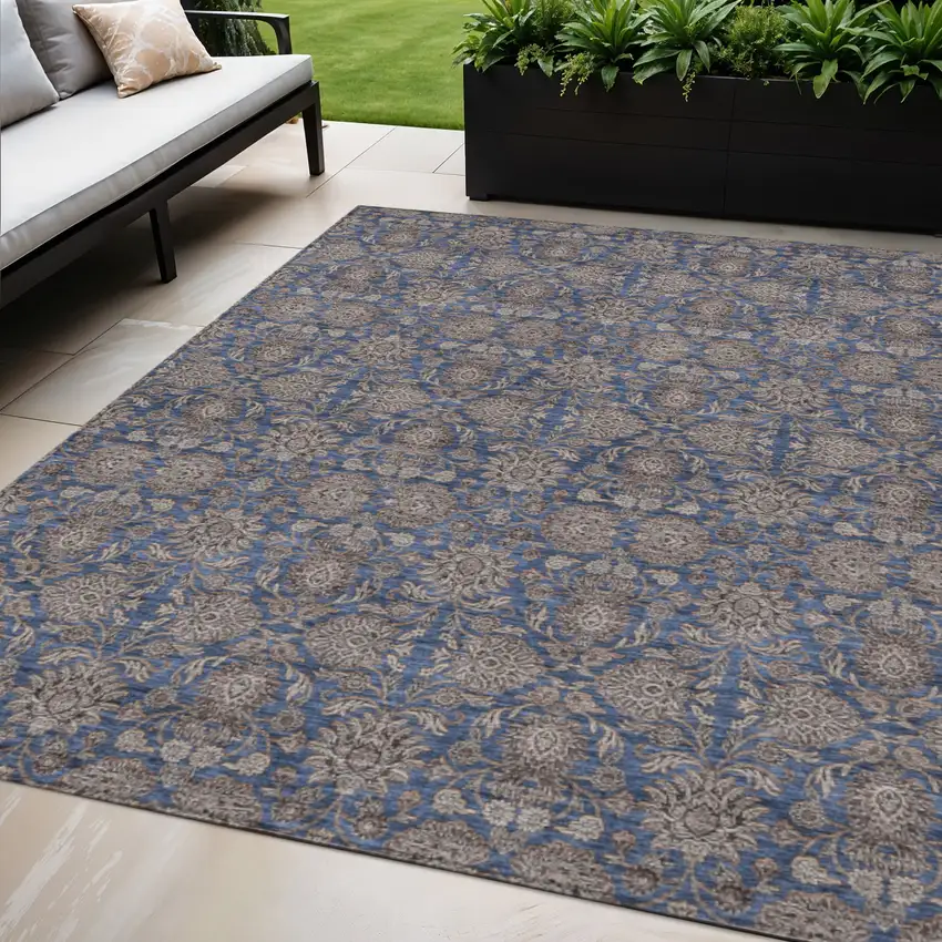 Navy Blue Beige And Taupe Floral Washable Indoor Outdoor Area Rug Photo 1