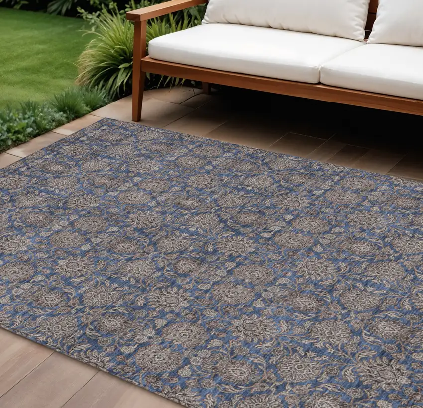 Navy Blue Beige And Taupe Floral Washable Indoor Outdoor Area Rug Photo 1
