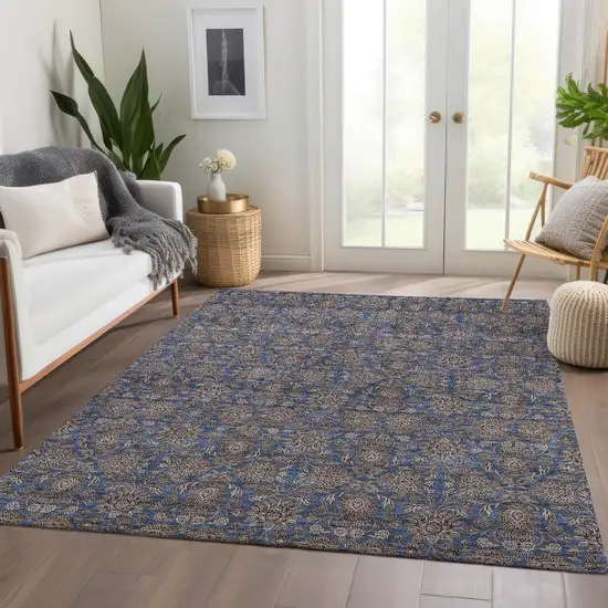 Navy Blue Beige And Taupe Floral Washable Indoor Outdoor Area Rug Photo 7