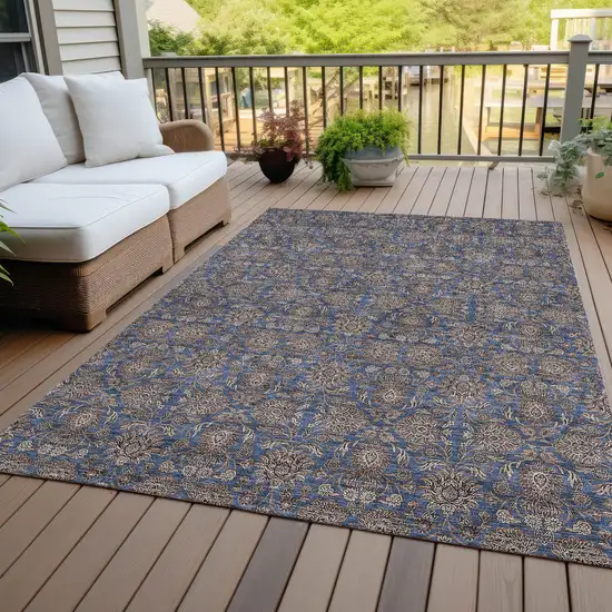 Navy Blue Beige And Taupe Floral Washable Indoor Outdoor Area Rug Photo 6