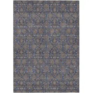 Photo of Navy Blue Beige And Taupe Floral Washable Indoor Outdoor Area Rug