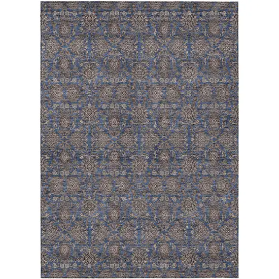 Navy Blue Beige And Taupe Floral Washable Indoor Outdoor Area Rug Photo 1