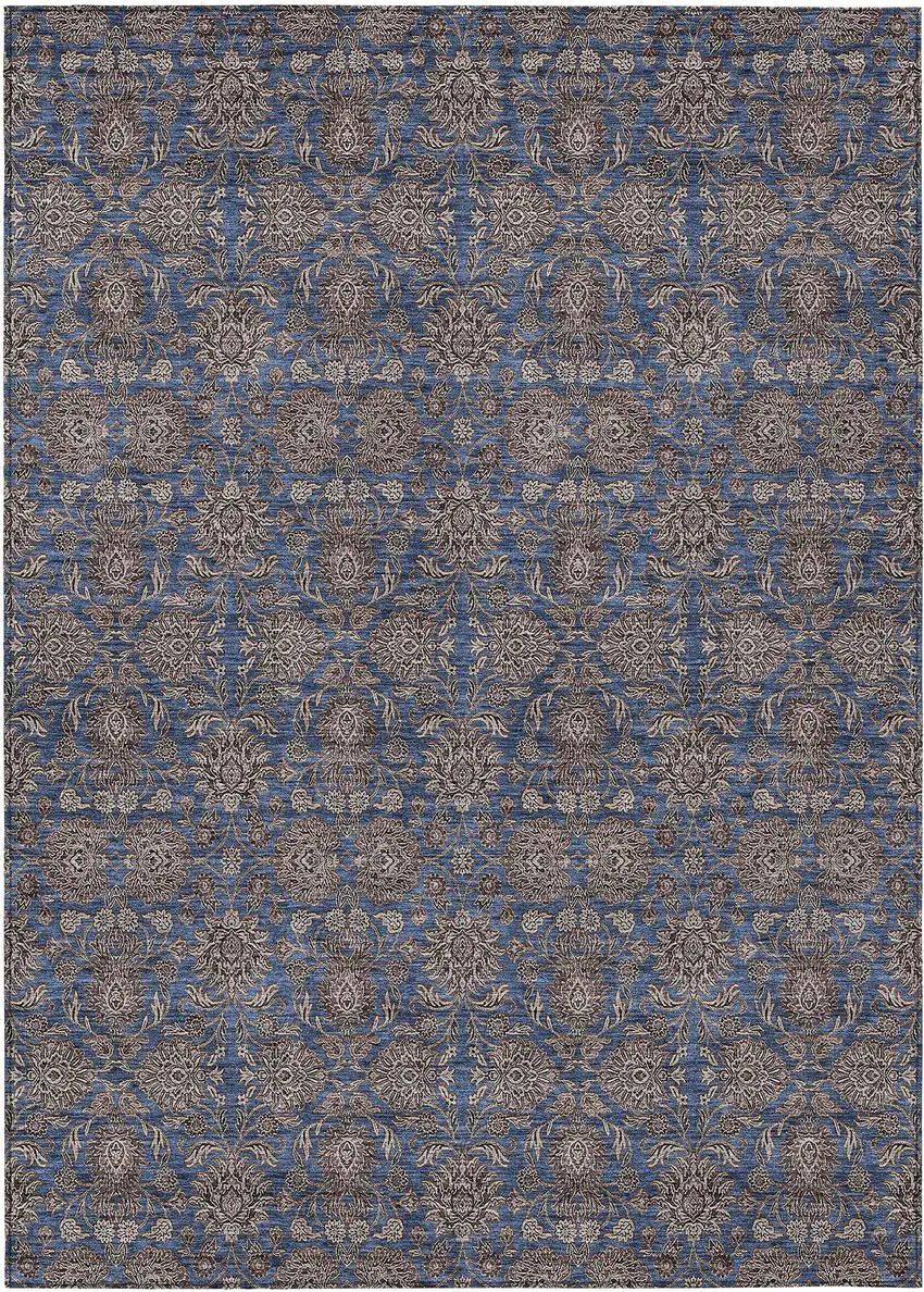 Navy Blue Beige And Taupe Floral Washable Indoor Outdoor Area Rug Photo 1