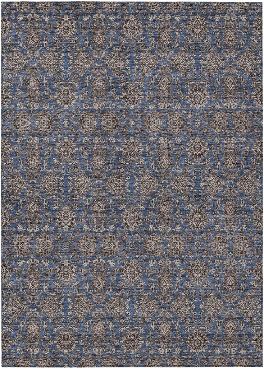 Navy Blue Beige And Taupe Floral Washable Indoor Outdoor Area Rug Photo 1