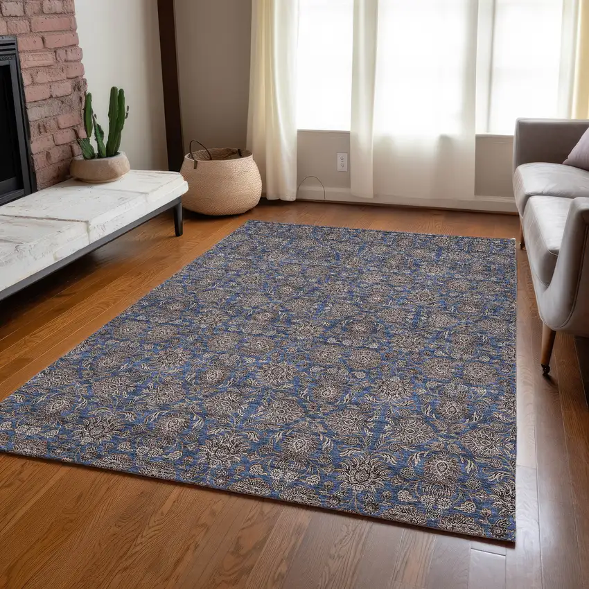 Navy Blue Beige And Taupe Floral Washable Indoor Outdoor Area Rug Photo 8