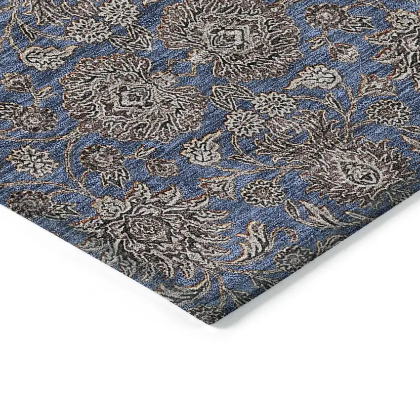 Navy Blue Beige And Taupe Floral Washable Indoor Outdoor Area Rug Photo 3