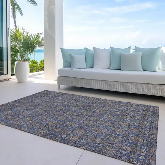 Navy Blue Beige And Taupe Floral Washable Indoor Outdoor Area Rug Photo 9
