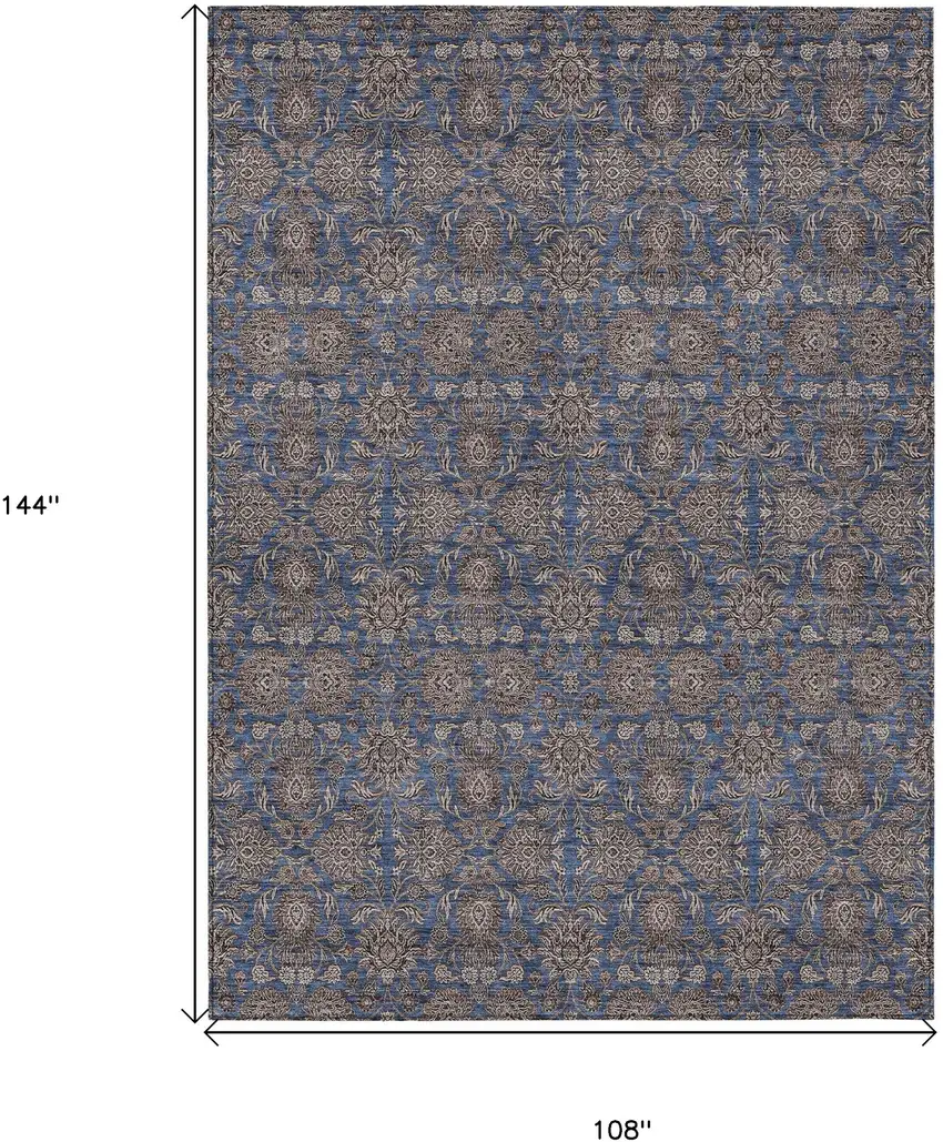 Navy Blue Beige And Taupe Floral Washable Indoor Outdoor Area Rug Photo 3