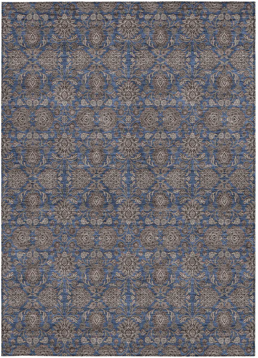 Navy Blue Beige And Taupe Floral Washable Indoor Outdoor Area Rug Photo 5
