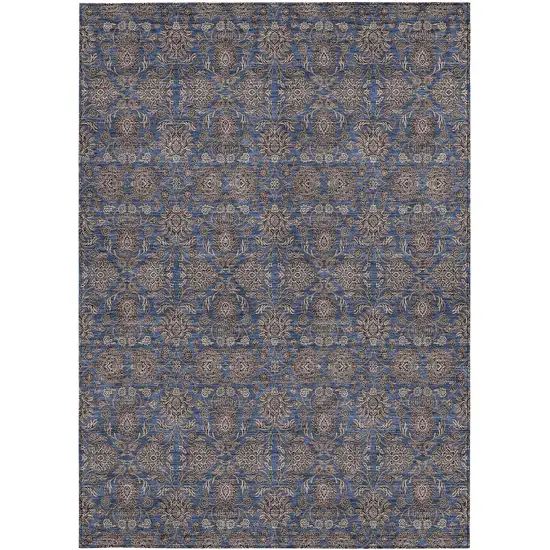 Navy Blue Beige And Taupe Floral Washable Indoor Outdoor Area Rug Photo 5