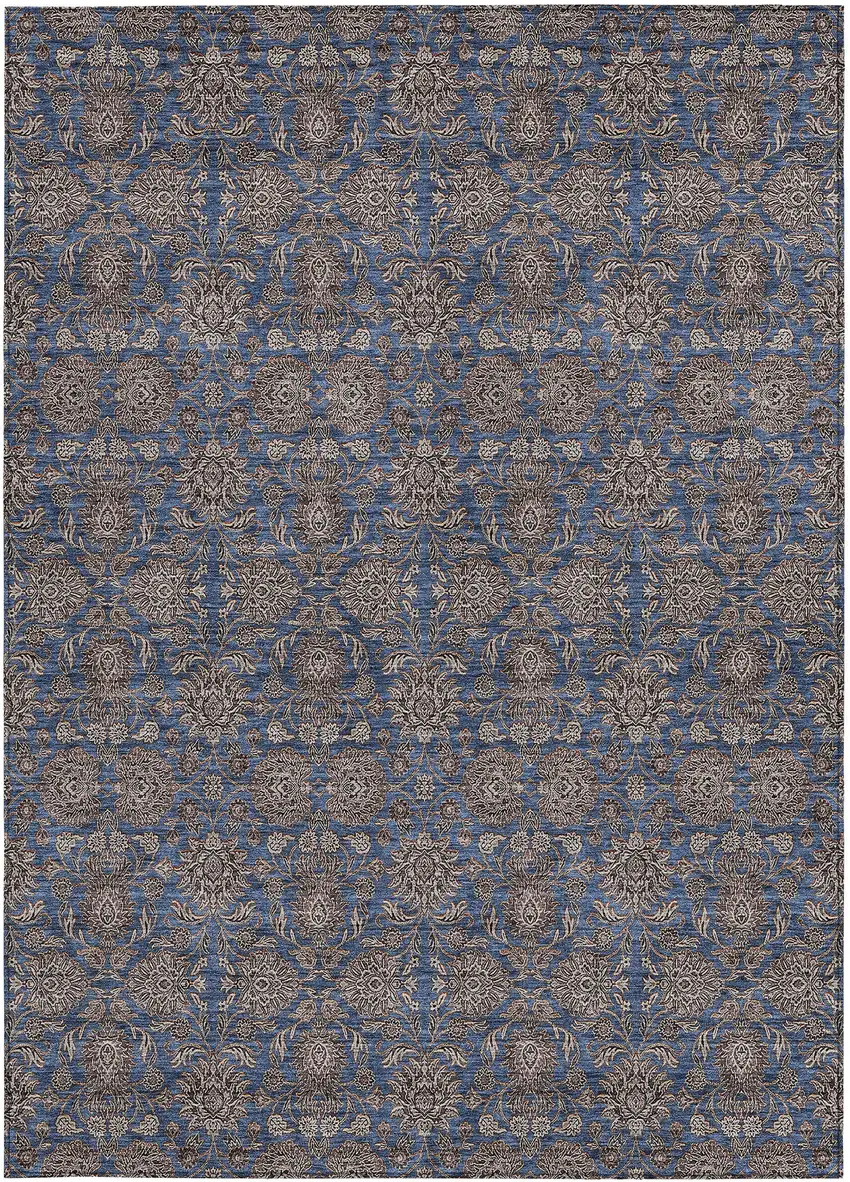 Navy Blue Beige And Taupe Floral Washable Indoor Outdoor Area Rug Photo 5