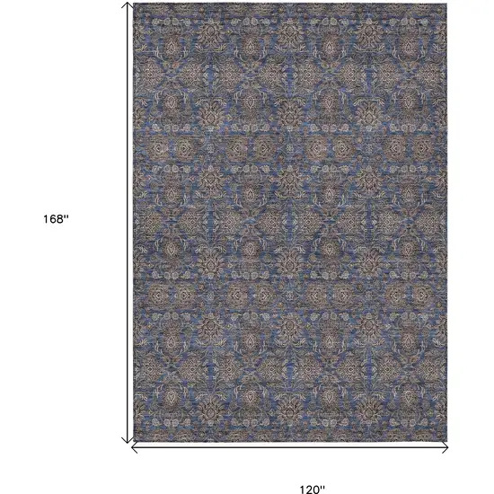 Navy Blue Beige And Taupe Floral Washable Indoor Outdoor Area Rug Photo 3