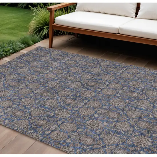 Navy Blue Beige And Taupe Floral Washable Indoor Outdoor Area Rug Photo 1