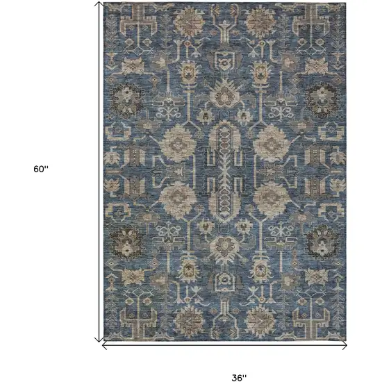 Navy Blue Beige And Taupe Oriental Washable Indoor Outdoor Area Rug Photo 3