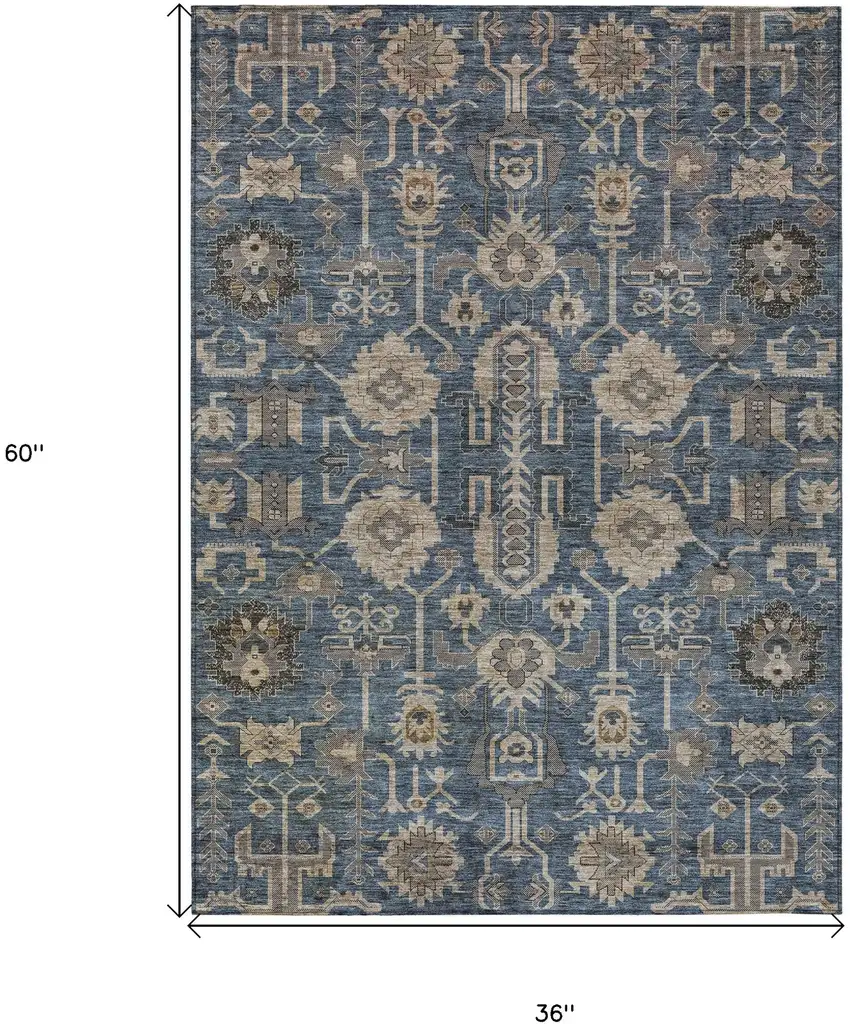 Navy Blue Beige And Taupe Oriental Washable Indoor Outdoor Area Rug Photo 3