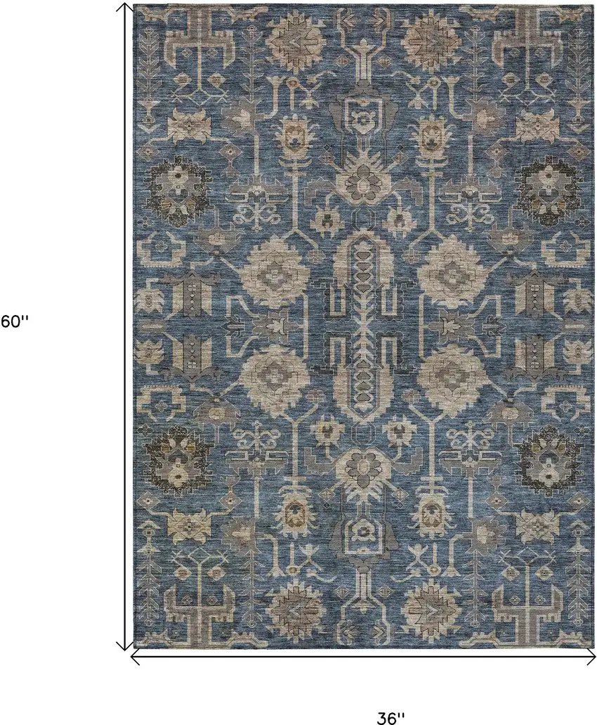 Navy Blue Beige And Taupe Oriental Washable Indoor Outdoor Area Rug Photo 3