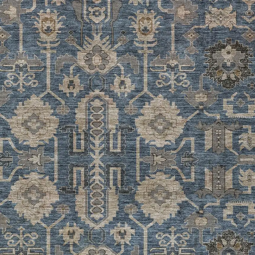 Navy Blue Beige And Taupe Oriental Washable Indoor Outdoor Area Rug Photo 4