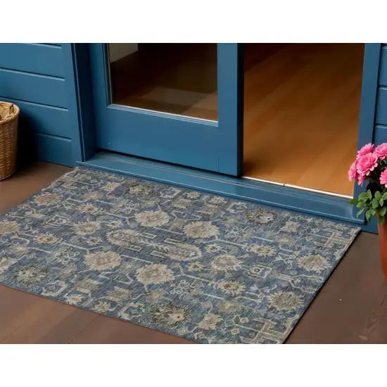 Navy Blue Beige And Taupe Oriental Washable Indoor Outdoor Area Rug Photo 1