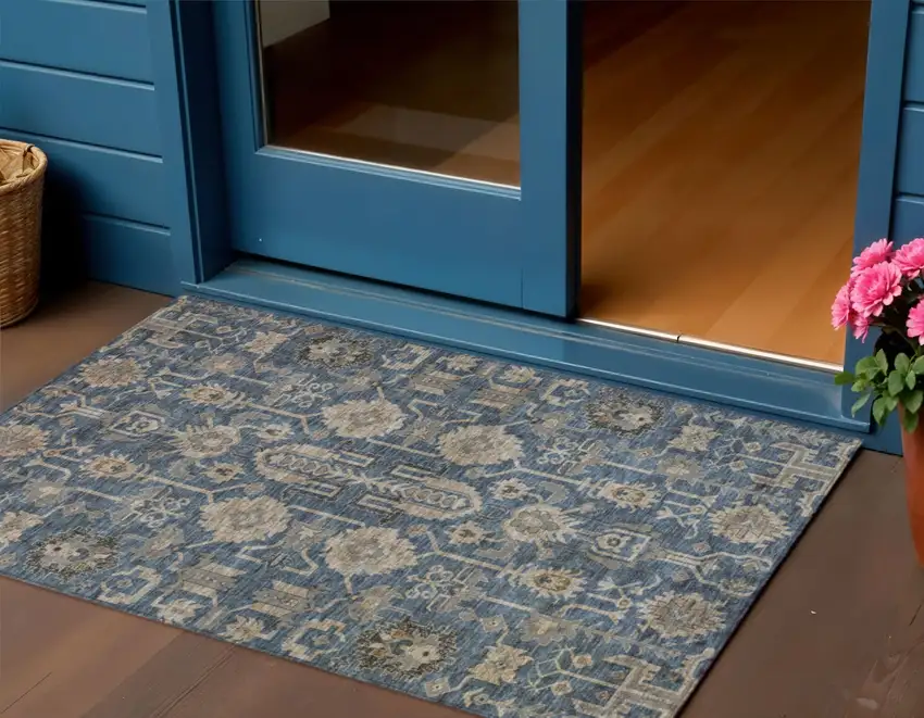 Navy Blue Beige And Taupe Oriental Washable Indoor Outdoor Area Rug Photo 1