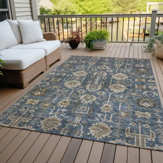 Navy Blue Beige And Taupe Oriental Washable Indoor Outdoor Area Rug Photo 6