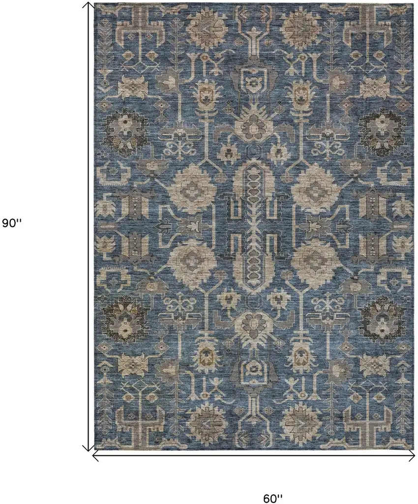 Navy Blue Beige And Taupe Oriental Washable Indoor Outdoor Area Rug Photo 3