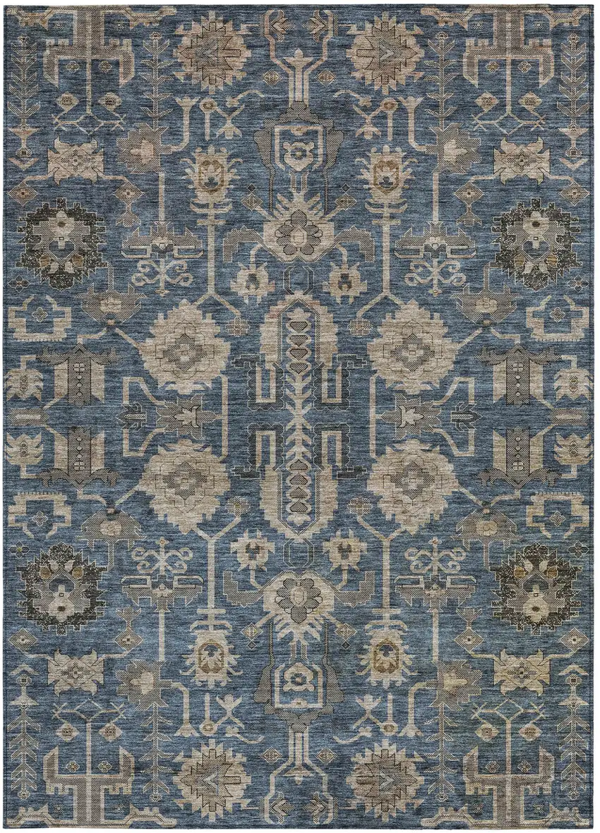 Navy Blue Beige And Taupe Oriental Washable Indoor Outdoor Area Rug Photo 4