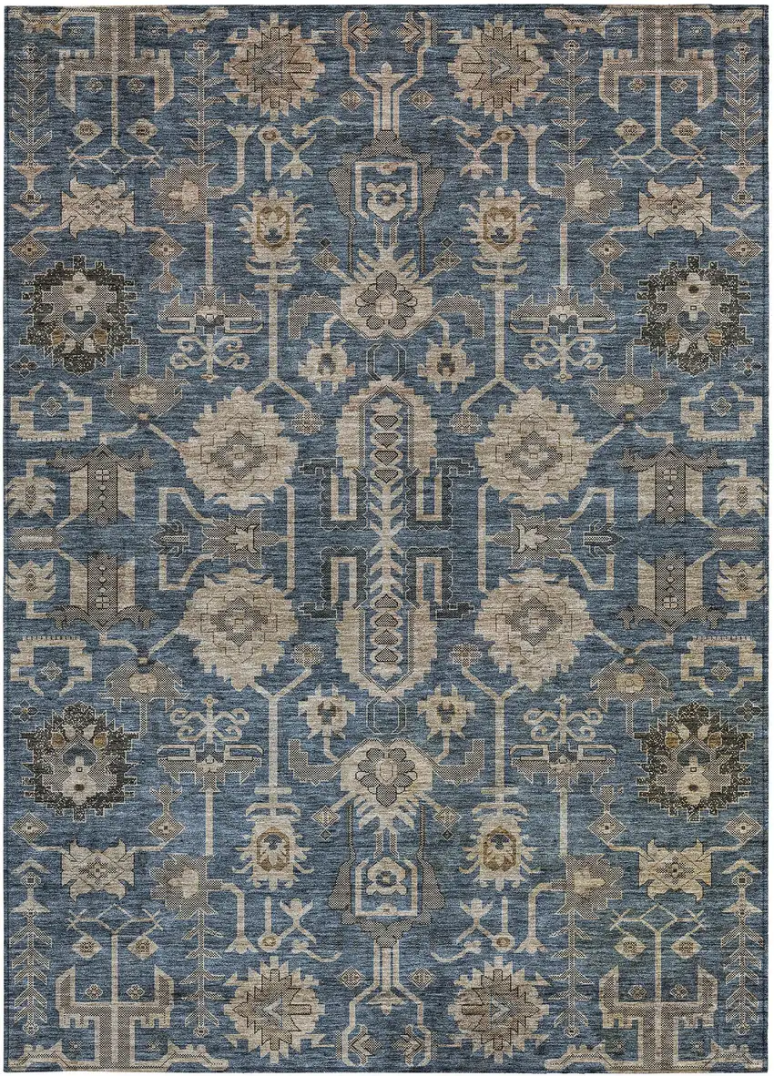 Navy Blue Beige And Taupe Oriental Washable Indoor Outdoor Area Rug Photo 4