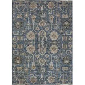 Photo of Navy Blue Beige And Taupe Oriental Washable Indoor Outdoor Area Rug
