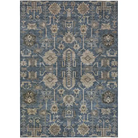 Navy Blue Beige And Taupe Oriental Washable Indoor Outdoor Area Rug Photo 1