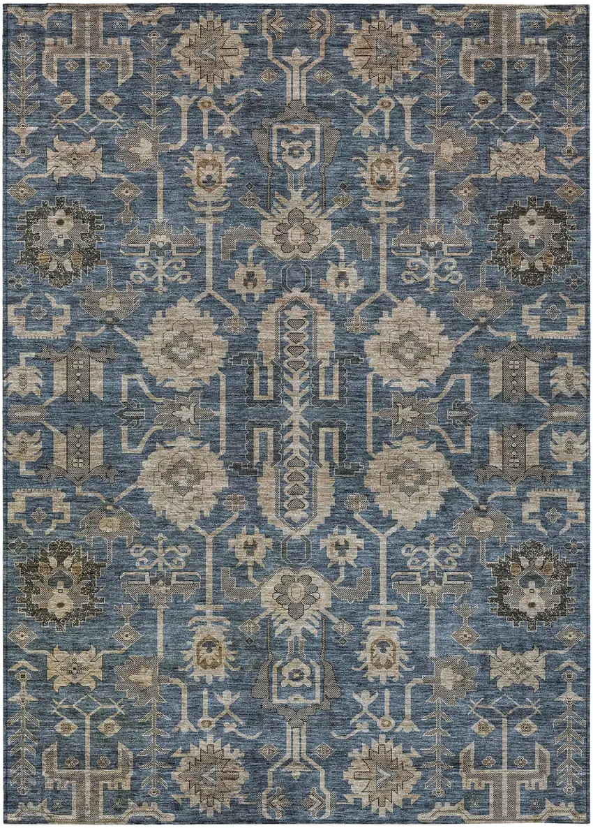 Navy Blue Beige And Taupe Oriental Washable Indoor Outdoor Area Rug Photo 1