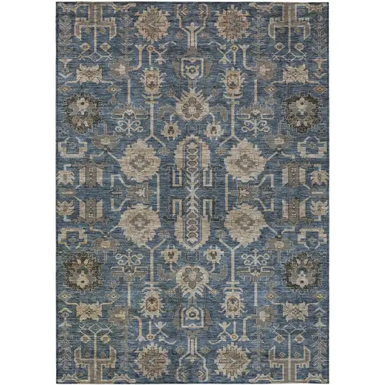 Navy Blue Beige And Taupe Oriental Washable Indoor Outdoor Area Rug Photo 1
