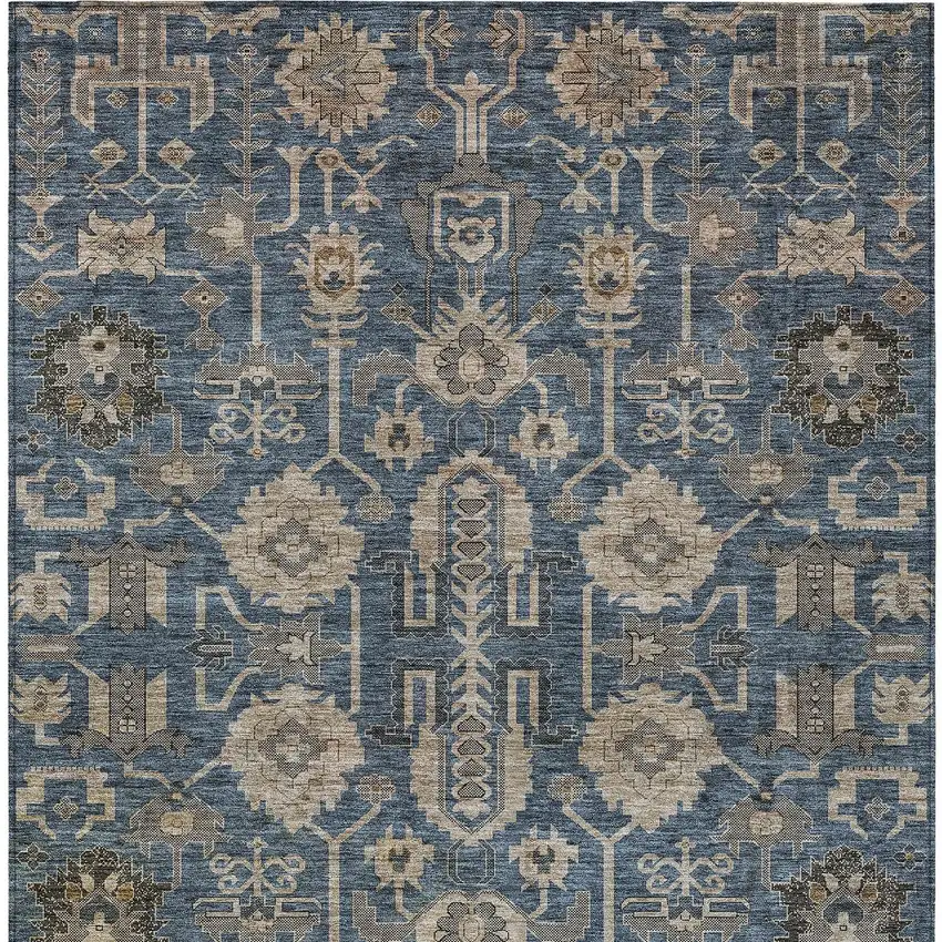 Navy Blue Beige And Taupe Oriental Washable Indoor Outdoor Area Rug Photo 5