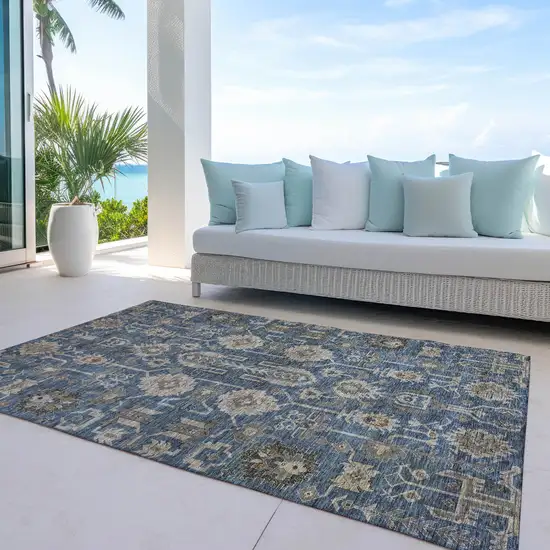 Navy Blue Beige And Taupe Oriental Washable Indoor Outdoor Area Rug Photo 9