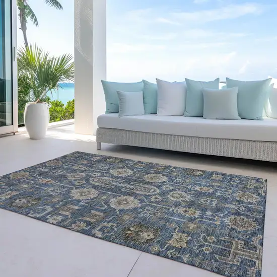 Navy Blue Beige And Taupe Oriental Washable Indoor Outdoor Area Rug Photo 9